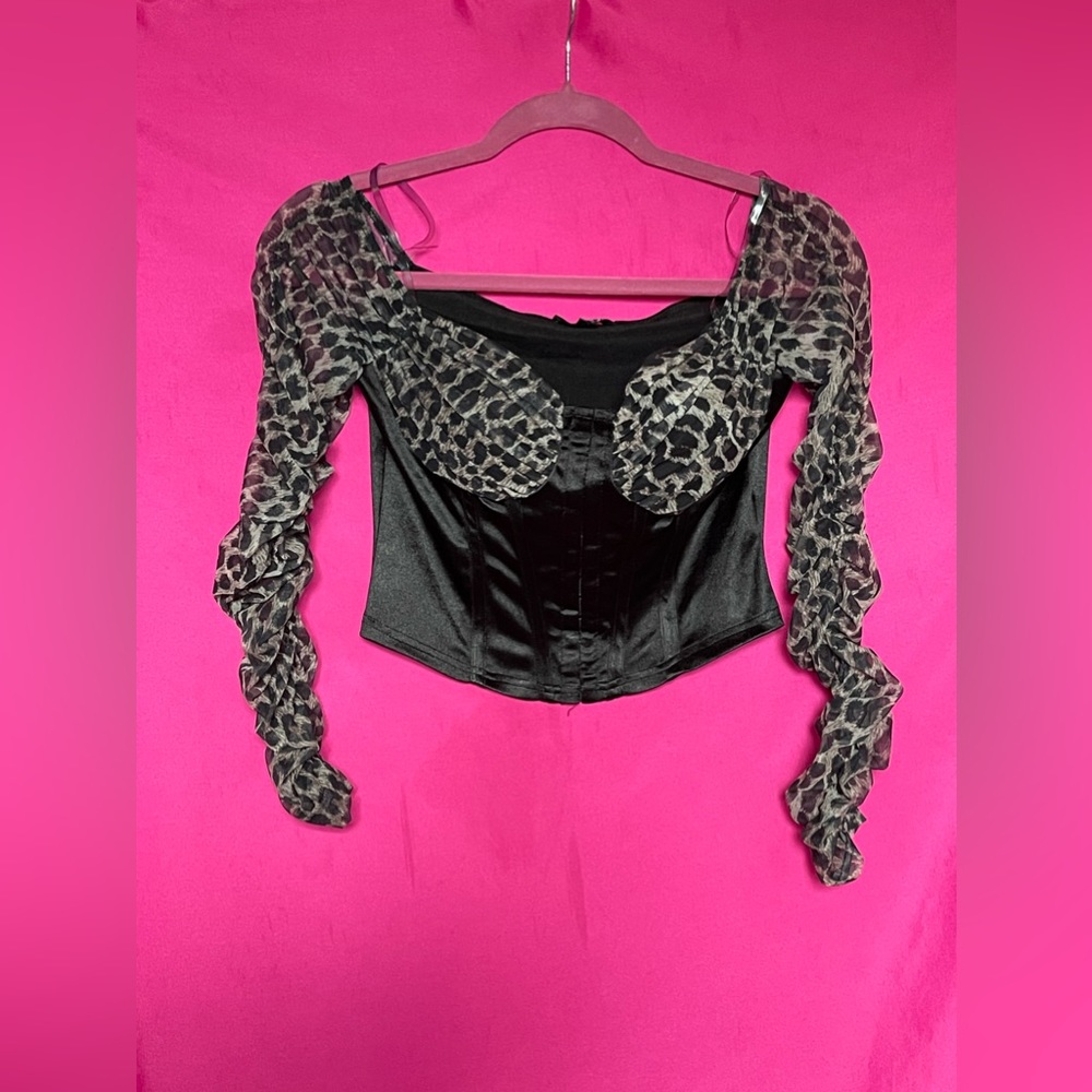 Ruched Leopard Sleeve Bustier Crop Top